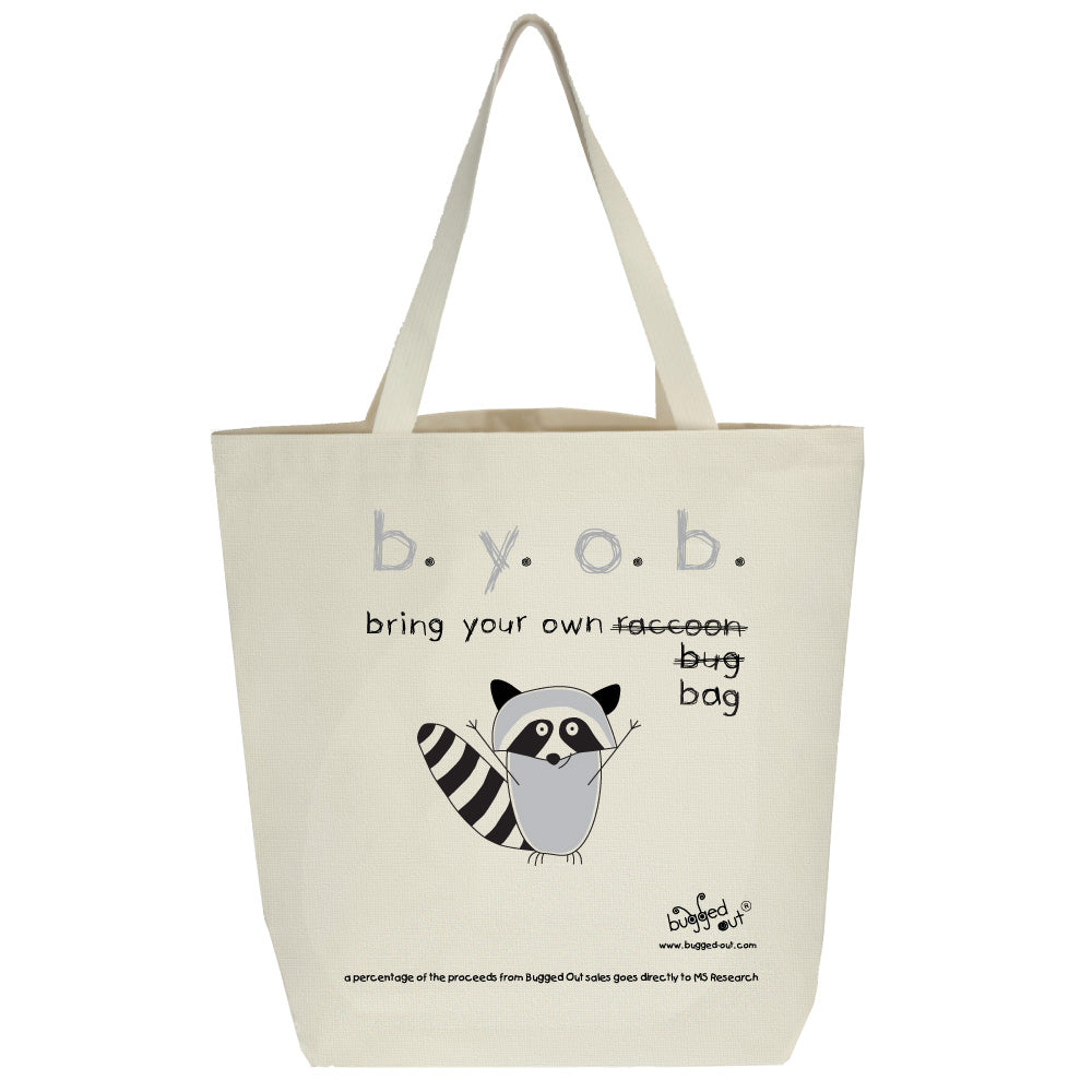 Bugged Out raccoon recycled cotton canvas tote bag